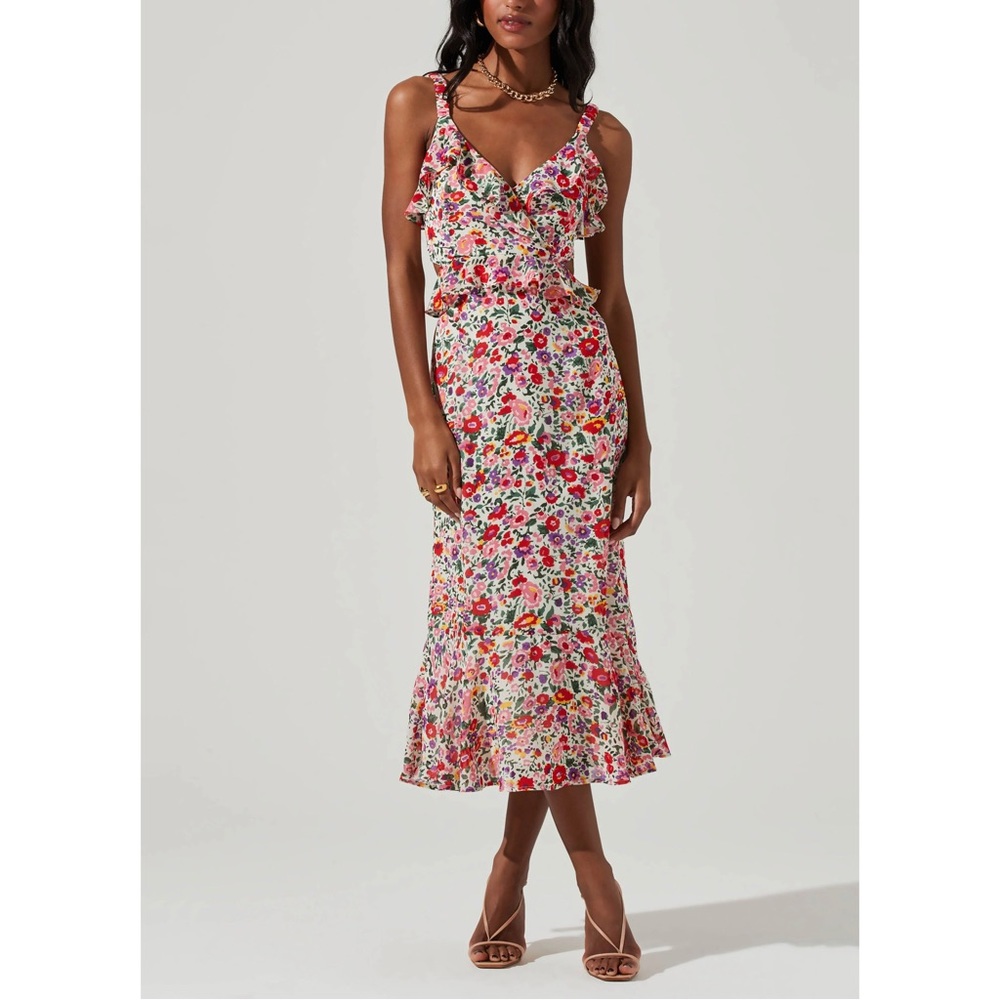 Astr Floral Ruffle Midi Dress in White with Pink & Red Flowers